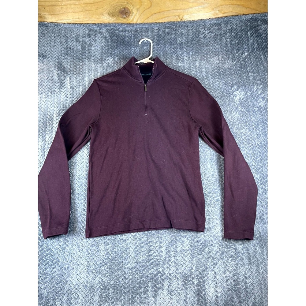 Perry Ellis Sweater Mens Small Burgundy Cotton Mock Neck Quarter Zip Winter Warm